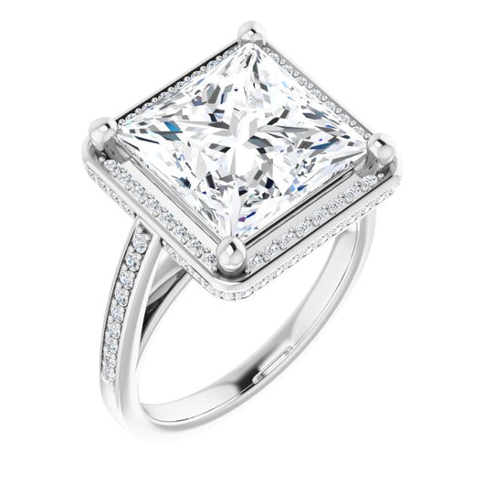 10K White Gold Customizable Cathedral-Halo Princess/Square Cut Design with Under-halo & Shared Prong Band