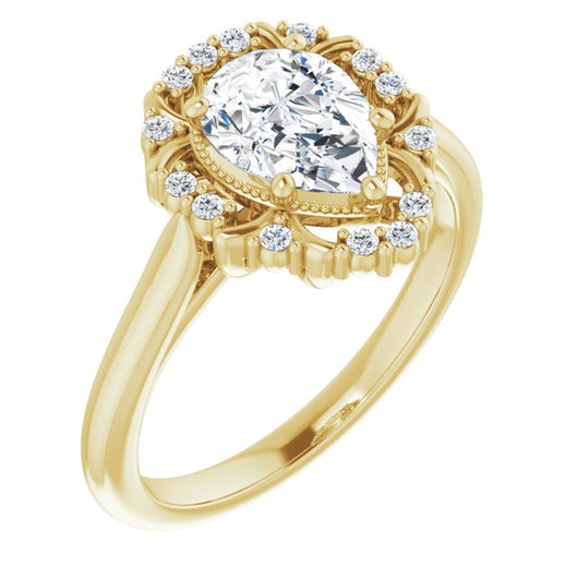 10K Yellow Gold Customizable Pear Cut Design with Majestic Crown Halo and Raised Illusion Setting