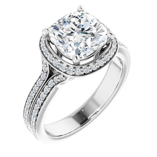 10K White Gold Customizable Cathedral-raised Cushion Cut Setting with Halo and Shared Prong Band