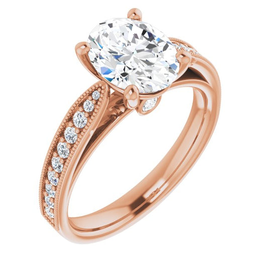 10K Rose Gold Customizable Oval Cut Style featuring Milgrained Shared Prong Band & Dual Peekaboos