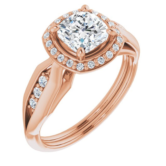 10K Rose Gold Customizable Cathedral-raised Cushion Cut Design with Halo and Tri-Cluster Band Accents