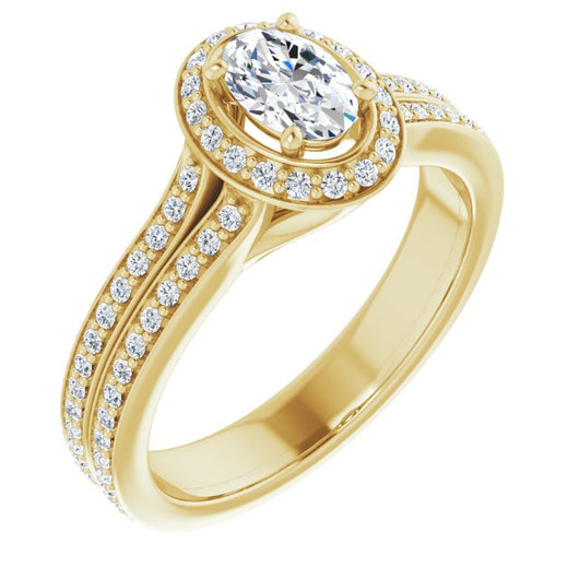 10K Yellow Gold Customizable Cathedral-raised Oval Cut Setting with Halo and Shared Prong Band