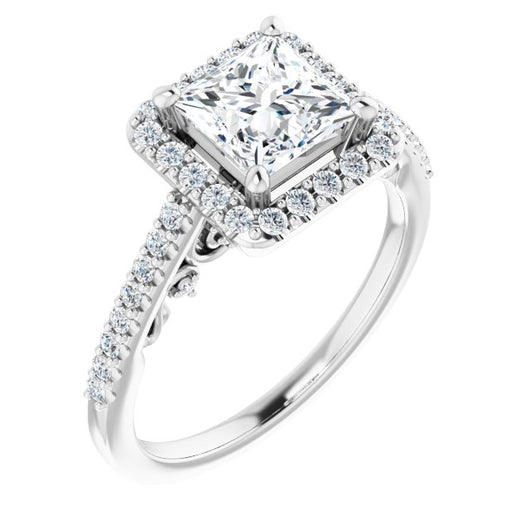 10K White Gold Customizable Cathedral-Halo Princess/Square Cut Design with Carved Metal Accent plus Pavé Band