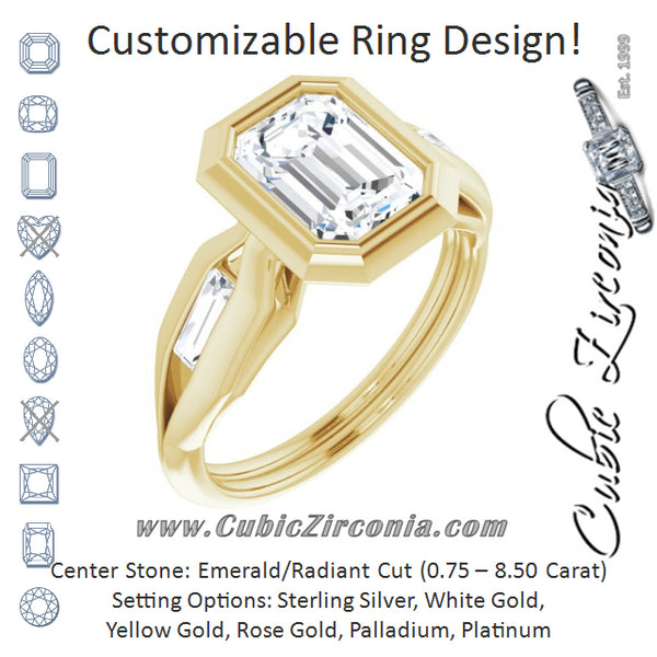 Cubic Zirconia Engagement Ring- The Claudelle (Customizable Bezel-set Radiant Cut Design with Wide Split Band & Tension-Channel Baguette Accents)