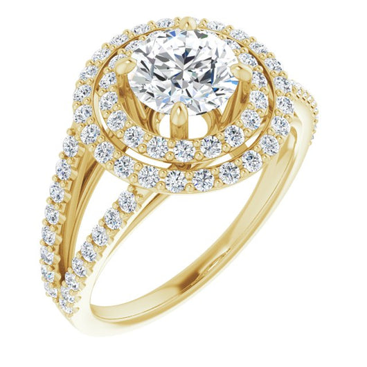 10K Yellow Gold Customizable Round Cut Design with Double Halo and Wide Split-Pavé Band