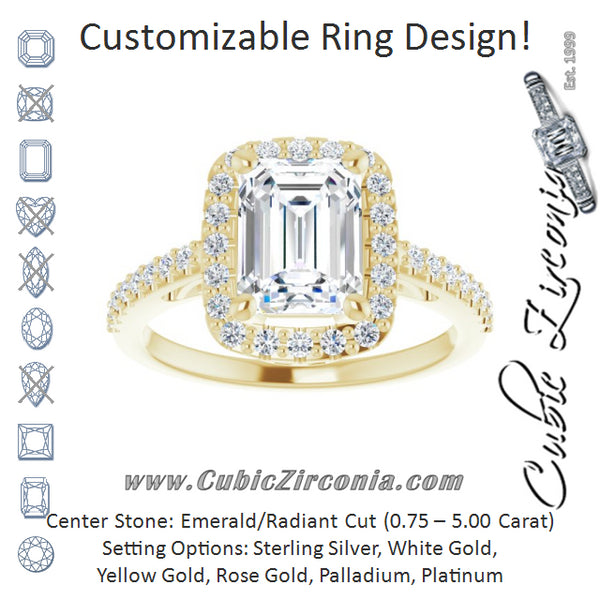 Cubic Zirconia Engagement Ring- The Zaya (Customizable Cathedral-Crown Emerald Cut Design with Halo and Accented Band)