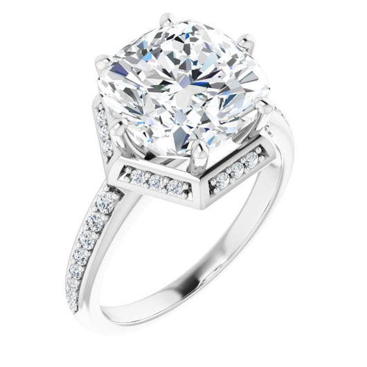 10K White Gold Customizable Cushion Cut Design with Geometric Under-Halo and Shared Prong Band