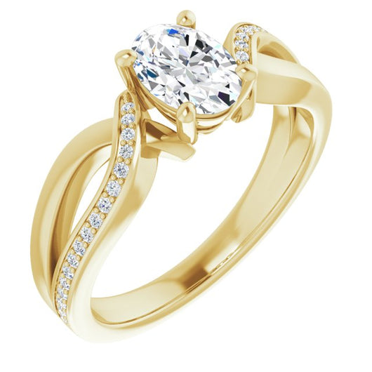 10K Yellow Gold Customizable Oval Cut Center with Curving Split-Band featuring One Shared Prong Leg