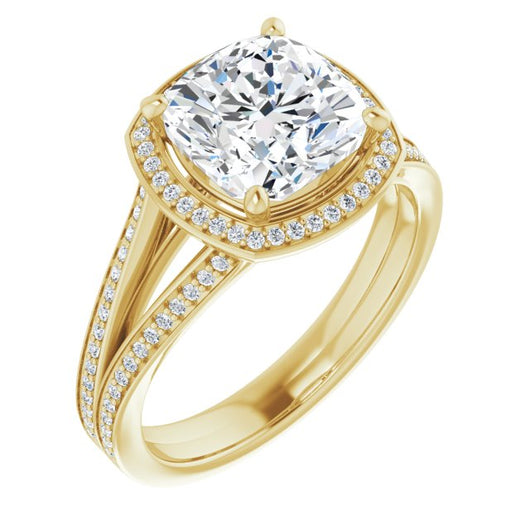 10K Yellow Gold Customizable Cushion Cut Design with Split-Band Shared Prong & Halo