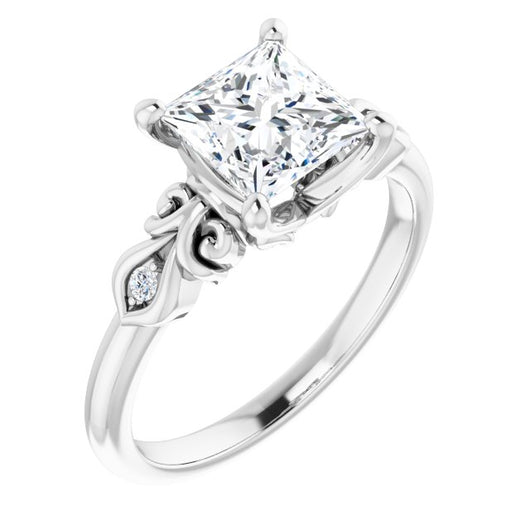 10K White Gold Customizable 3-stone Princess/Square Cut Design with Small Round Accents and Filigree