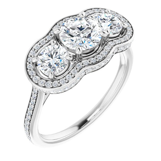 10K White Gold Customizable 3-stone Round Cut Design with Multi-Halo Enhancement and 150+-stone Pavé Band