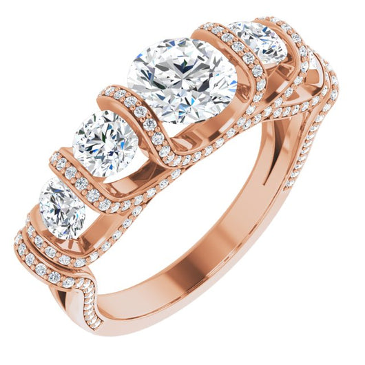 10K Rose Gold Customizable Bar-set Round Cut 5-stone Design Plus Grandiose Pavé Accents