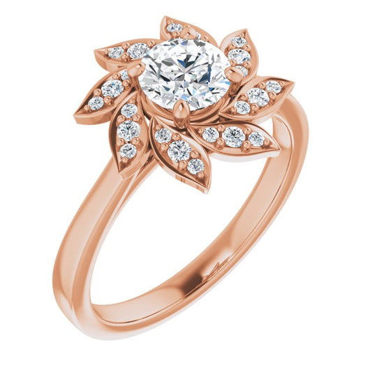 10K Rose Gold Customizable Round Cut Design with Artisan Floral Halo