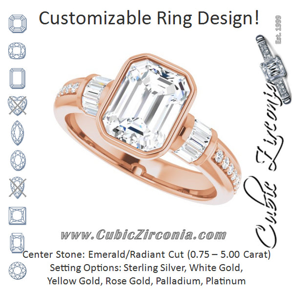 Cubic Zirconia Engagement Ring- The Danna (Customizable Cathedral-Bezel Emerald Cut Style with Horizontal Baguettes & Shared Prong Band)