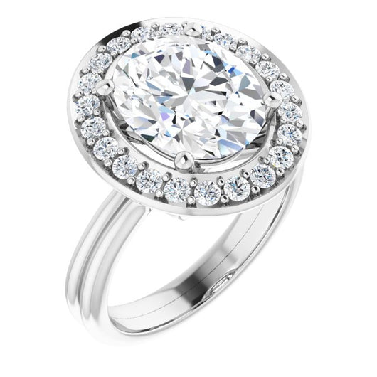 10K White Gold Customizable Cluster-Halo Accented Oval Cut Style with Tapered Dual Band