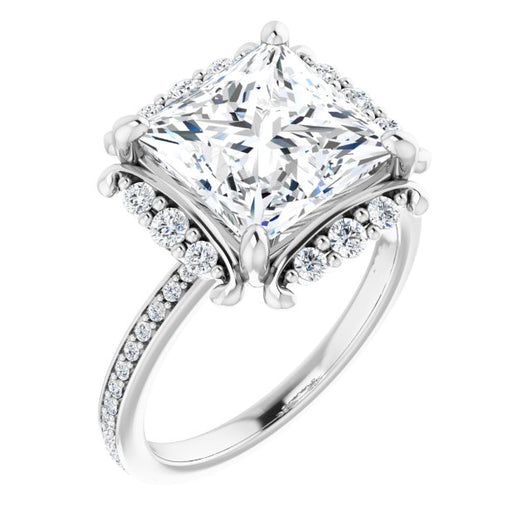 10K White Gold Customizable Princess/Square Cut Style with Halo and Thin Shared Prong Band