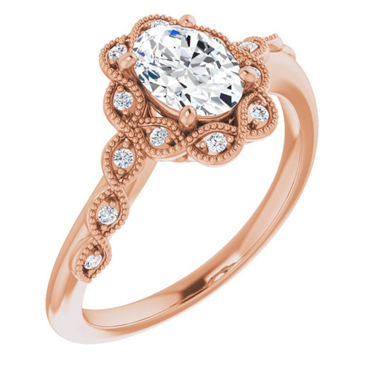 10K Rose Gold Customizable 3-stone Design with Oval Cut Center and Halo Enhancement