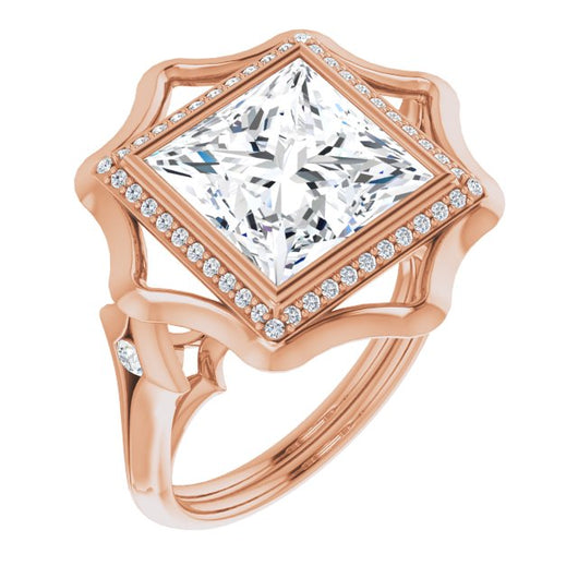 10K Rose Gold Customizable Bezel-set Princess/Square Cut with Halo & Oversized Floral Design