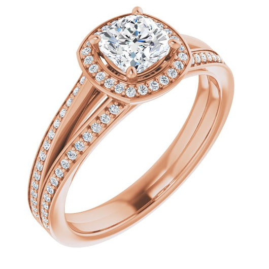 10K Rose Gold Customizable Cushion Cut Design with Split-Band Shared Prong & Halo