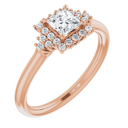 10K Rose Gold Customizable Princess/Square Cut Cathedral-Halo Design with Tri-Cluster Round Accents