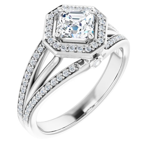 10K White Gold Customizable High-set Asscher Cut Design with Halo, Wide Tri-Split Shared Prong Band and Round Bezel Peekaboo Accents