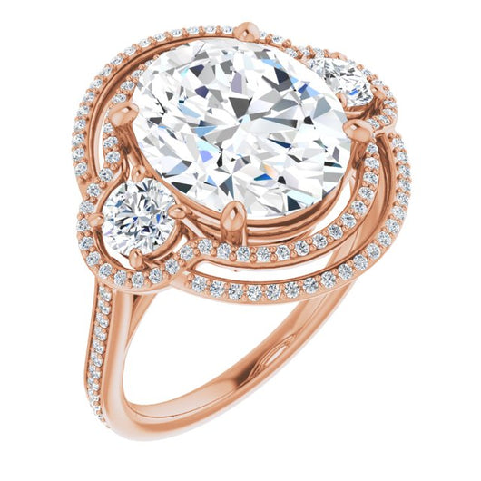 10K Rose Gold Customizable Enhanced 3-stone Double-Halo Style with Oval Cut Center and Thin Band