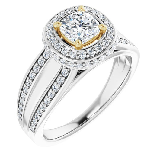 14K White & Yellow Gold Customizable Halo-style Cushion Cut with Under-halo & Ultra-wide Band