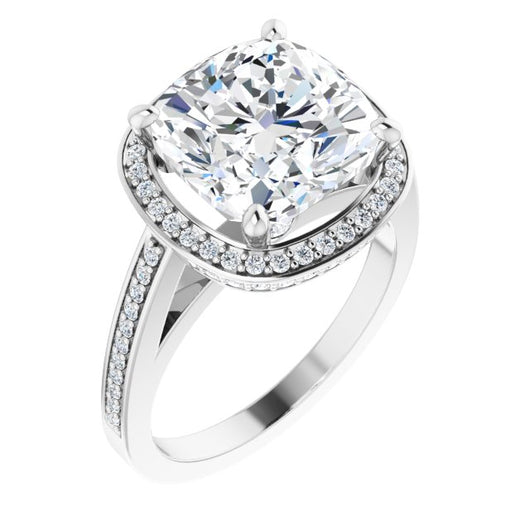 10K White Gold Customizable Cathedral-set Cushion Cut Design with Halo, Thin Pavé Band & Round-Bezel Peekaboos