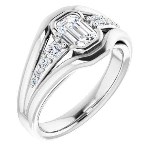 10K White Gold Customizable 9-stone Emerald/Radiant Cut Design with Bezel Center, Wide Band and Round Prong Side Stones