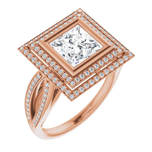 10K Rose Gold Customizable Bezel-set Princess/Square Cut Style with Double Halo and Split Shared Prong Band