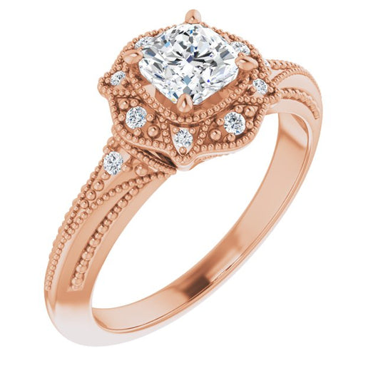 10K Rose Gold Customizable Vintage Cushion Cut Design with Beaded Milgrain and Starburst Semi-Halo