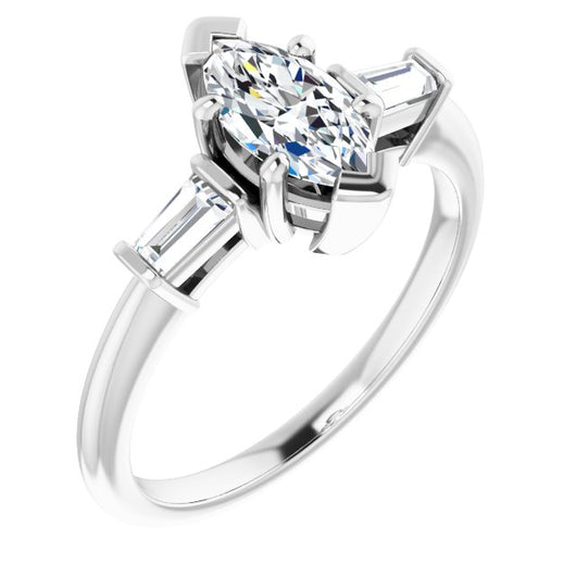 10K White Gold Customizable 3-stone Marquise Cut Design with Dual Baguette Accents)