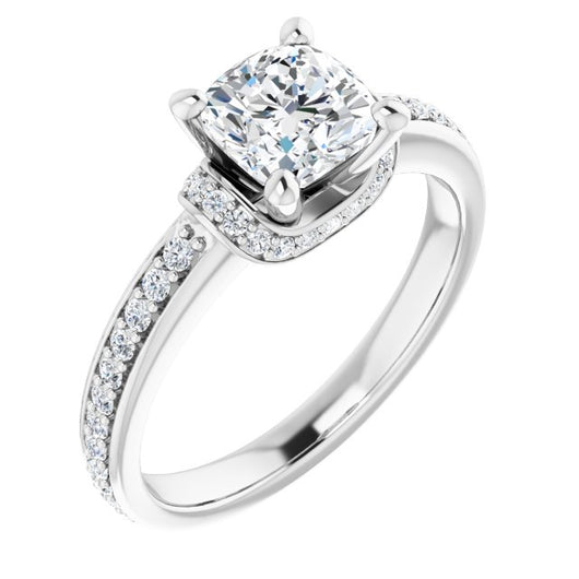 10K White Gold Customizable Cushion Cut Setting with Organic Under-halo & Shared Prong Band