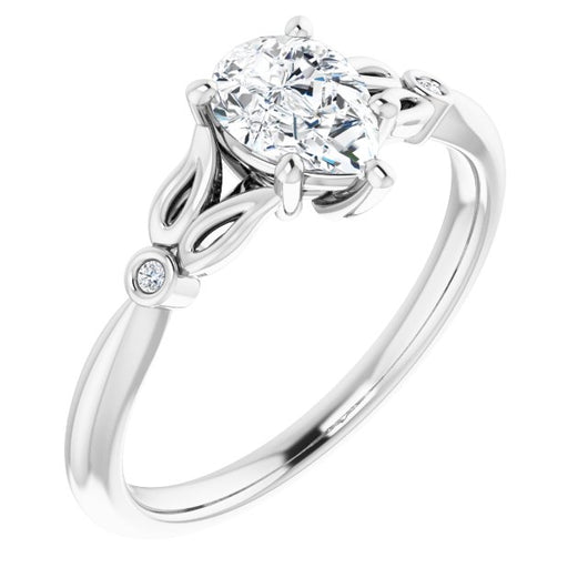 10K White Gold Customizable 3-stone Pear Cut Design with Thin Band and Twin Round Bezel Side Stones