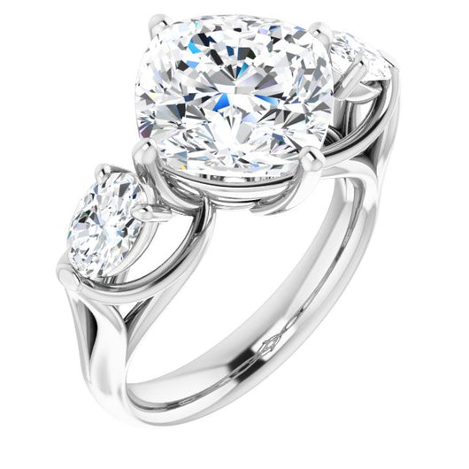 10K White Gold Customizable Cathedral-set 3-stone Cushion Cut Style with Dual Oval Cut Accents & Wide Split Band