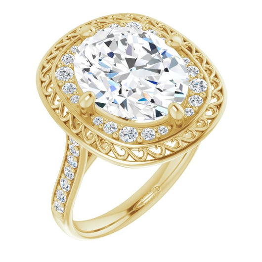 10K Yellow Gold Customizable Cathedral-style Oval Cut featuring Cluster Accented Filigree Setting & Shared Prong Band