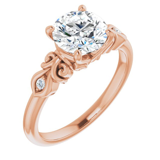 10K Rose Gold Customizable 3-stone Round Cut Design with Small Round Accents and Filigree