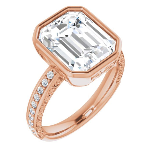 10K Rose Gold Customizable Bezel-set Emerald/Radiant Cut Design with Cloud-pattern Band & Semi-Eternity Accents