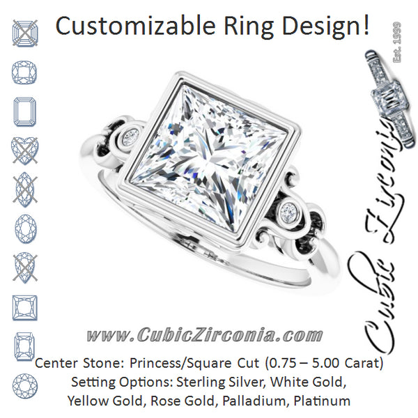 Cubic Zirconia Engagement Ring- The Viridiana (Customizable 5-stone Design with Princess/Square Cut Center and Quad Round-Bezel Accents)