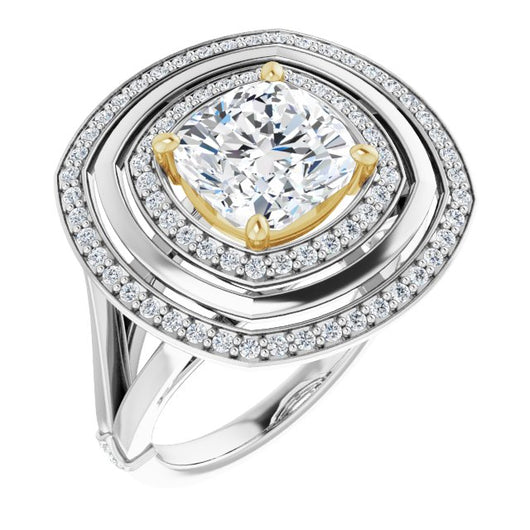 14K White & Yellow Gold Customizable Cushion Cut Oversized 2x Halo Style with Knuckle Accented Split Band