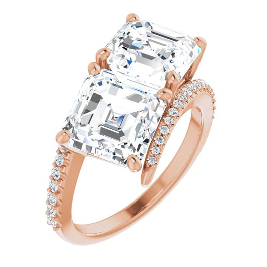 10K Rose Gold Customizable Double Asscher Cut 2-stone Design with Ultra-thin Bypass Band and Pavé Enhancement