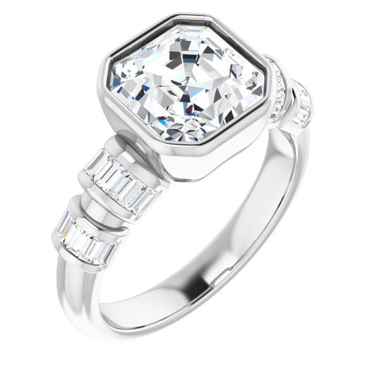 10K White Gold Customizable Bezel-set Asscher Cut Design with Quad Horizontal Band Sleeves of Baguette Accents