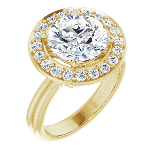 10K Yellow Gold Customizable Cluster-Halo Accented Round Cut Style with Tapered Dual Band