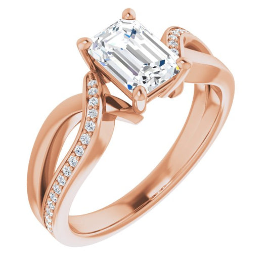 10K Rose Gold Customizable Emerald/Radiant Cut Center with Curving Split-Band featuring One Shared Prong Leg