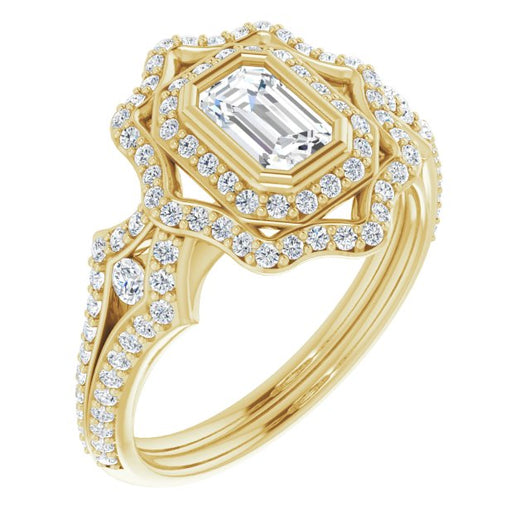 10K Yellow Gold Customizable Emerald/Radiant Cut Style with Ultra-wide Pavé Split-Band and Nature-Inspired Double Halo