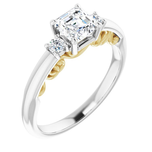 14K White & Yellow Gold Customizable Asscher Cut 3-stone Style featuring Heart-Motif Band Enhancement