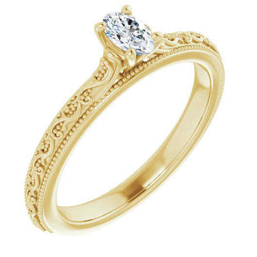 10K Yellow Gold Customizable Oval Cut Solitaire with Delicate Milgrain Filigree Band