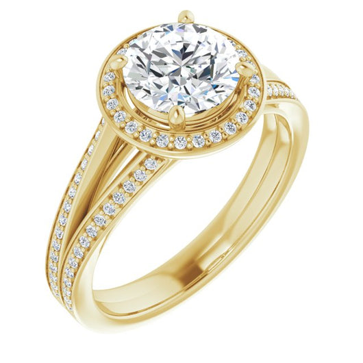 10K Yellow Gold Customizable Round Cut Design with Split-Band Shared Prong & Halo