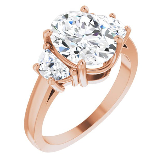 10K Rose Gold Customizable 3-stone Design with Oval Cut Center and Half-moon Side Stones