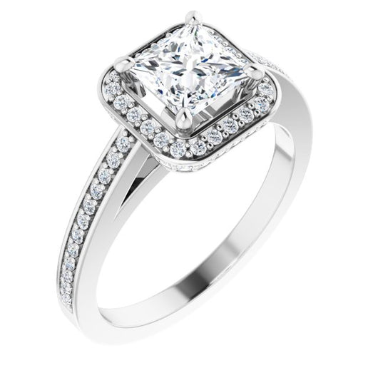 10K White Gold Customizable Cathedral-set Princess/Square Cut Design with Halo, Thin Pavé Band & Round-Bezel Peekaboos